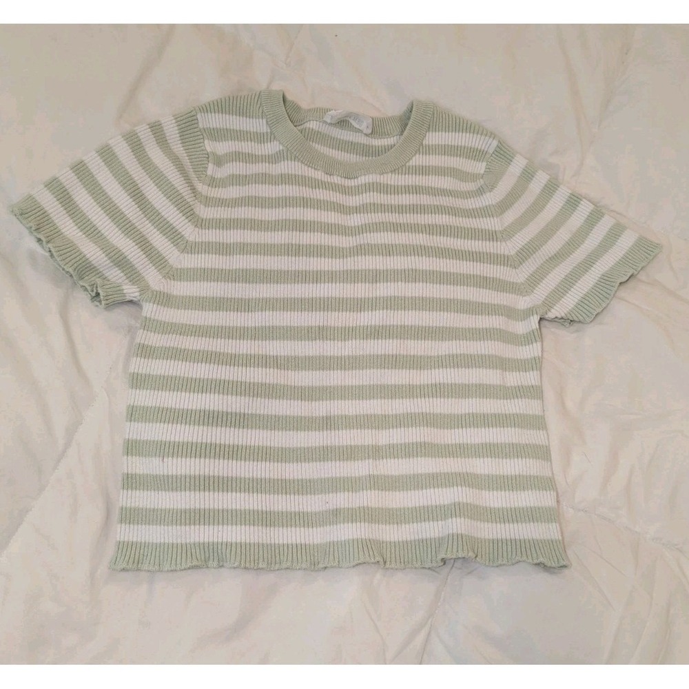 Coastal Grandma Cottagecore Sage Stripe Knit‎ Tee Y2K Kids Large